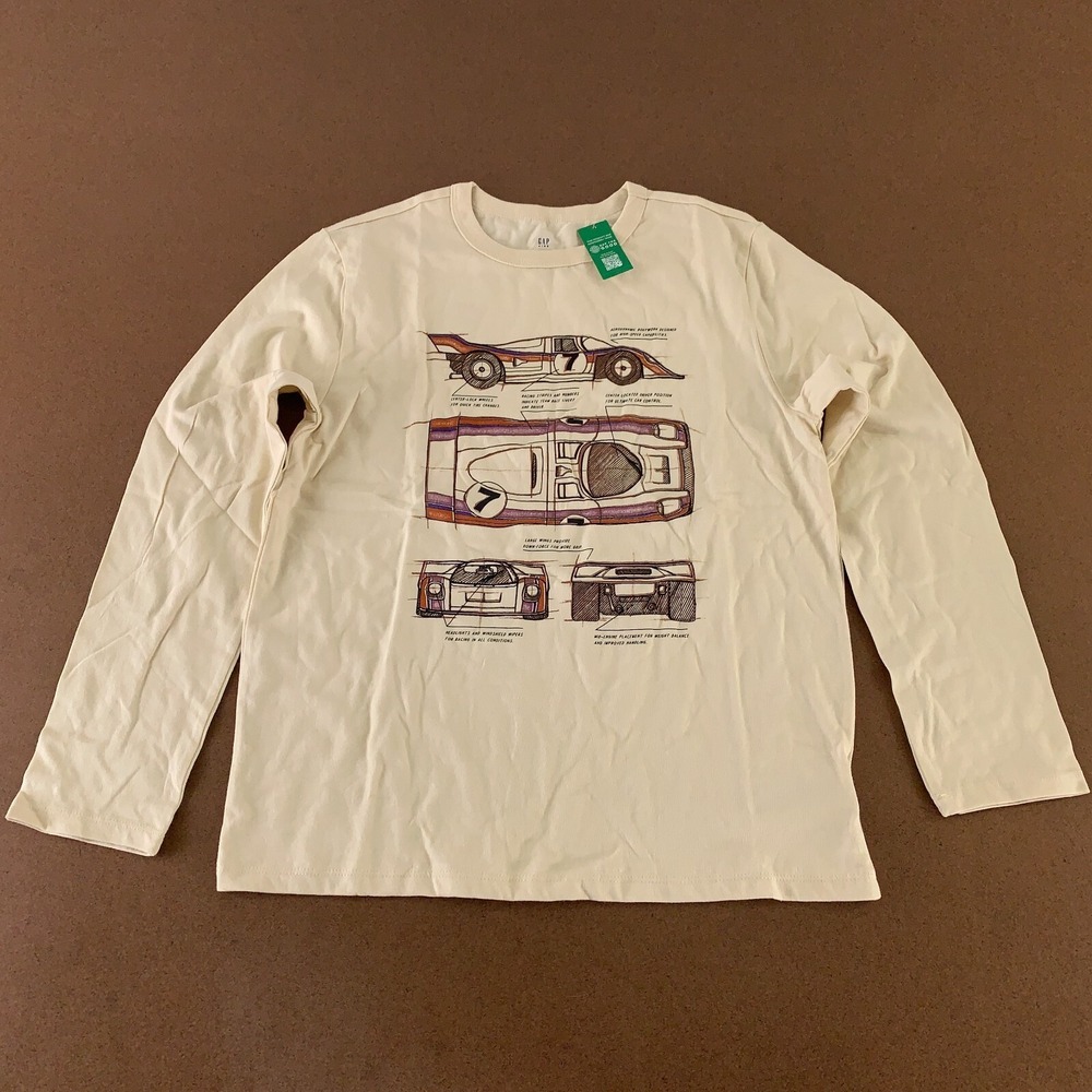 GAP Boys Size 12 Husky Cream‎ Race Car Graphic Long Sleeve Crew Neck T-Shirt NWT